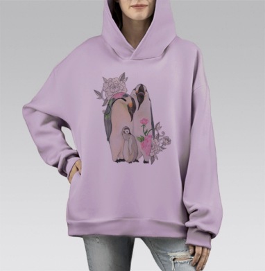 Императорские пингвины в цветочной заботе, Hoodie Mono Fiolet, оверсайз, утепленная