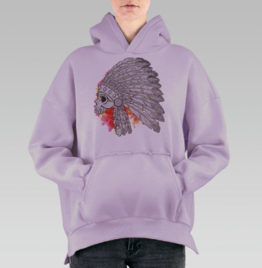 Индейский череп с перьями, Hoodie Oversize Fiolet, утепленная