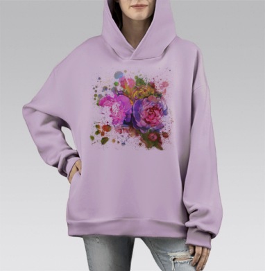Композиция из цветов пионов, Hoodie Mono Fiolet, оверсайз, утепленная