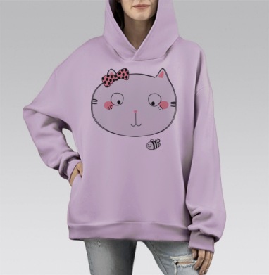 Кошечка приметила мечтательную пчелку, Hoodie Mono Fiolet, оверсайз, утепленная