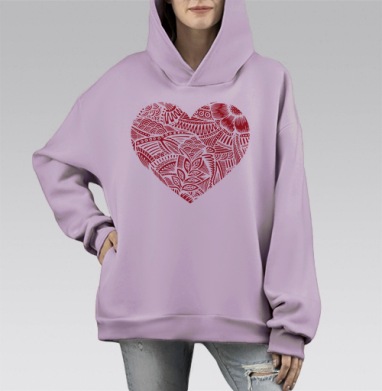 Красное сердце с изящным орнаментом, Hoodie Mono Fiolet, оверсайз, утепленная
