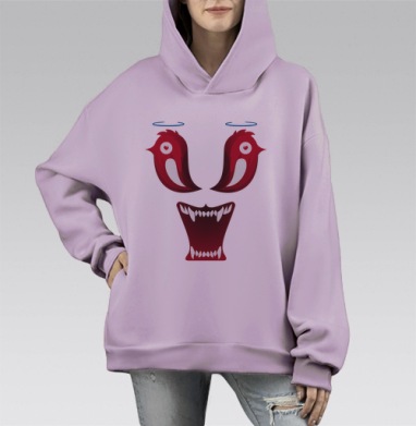 Красные птицы с демонической улыбкой, Hoodie Mono Fiolet, оверсайз, утепленная
