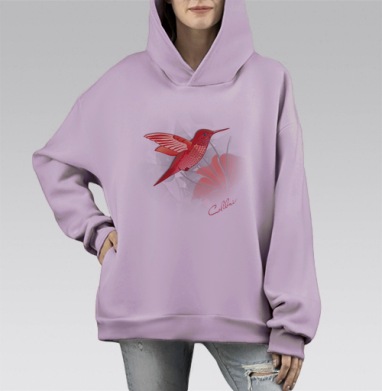 Красный Колибри на светлом или темном фоне, Hoodie Mono Fiolet, оверсайз, утепленная