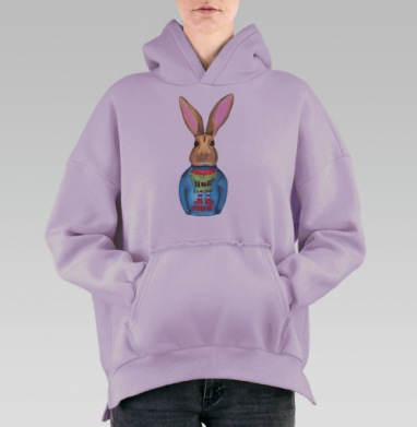 Кролик в праздничном свитере с эльфом #ELFIE, Hoodie Oversize Fiolet, утепленная