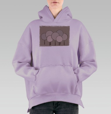 Круглые деревья на сером фоне с рваной рамкой, Hoodie Oversize Fiolet, утепленная