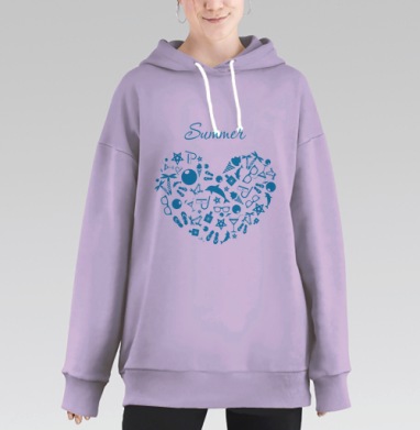 Летний коллаж сердца с морскими символами, Hoodie Long Oversize Fiolet