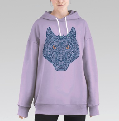 Мандала-арт Волчья Голова с Оранжевыми Глазами, Hoodie Long Oversize Fiolet