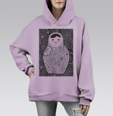 Матрешка на черном, Hoodie Mono Fiolet, оверсайз, утепленная