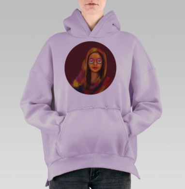 Мечтательная женщина в ярком платке и очках с пальмами, Hoodie Oversize Fiolet, утепленная