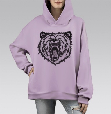 Медведь Ревущая Сила в Черно-Белом, Hoodie Mono Fiolet, оверсайз, утепленная