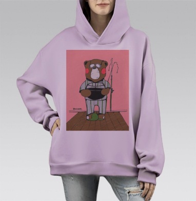 Медведь в пижаме с удочками на пирсе – мечта и уют, Hoodie Mono Fiolet, оверсайз, утепленная