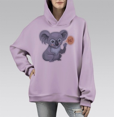 Милый приветствующий мультяшный коала, Hoodie Mono Fiolet, оверсайз, утепленная