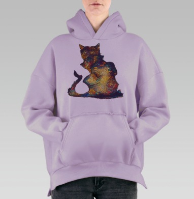Мистическая кошка в абстрактной палитре, Hoodie Oversize Fiolet, утепленная