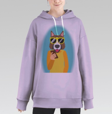 Модный персонаж с собакой и смартфоном в желтом стиле, Hoodie Long Oversize Fiolet