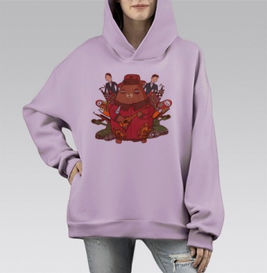 Мультяшный медведь в шапке с балалайкой, Hoodie Mono Fiolet, оверсайз, утепленная