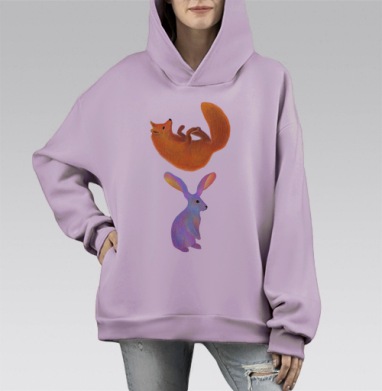Мягкие пастельные зверята — лис и заяц, Hoodie Mono Fiolet, оверсайз, утепленная