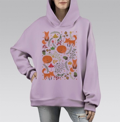 Мягкий декоративный узор с очаровательными лисами, Hoodie Mono Fiolet, оверсайз, утепленная