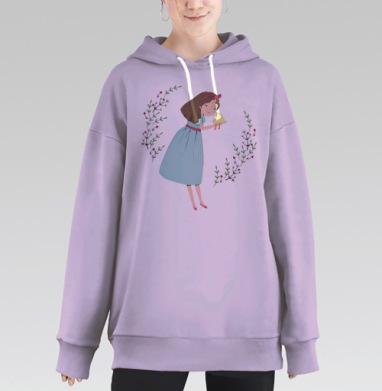 Нежная девушка с цыпленком в бирюзовом платье, Hoodie Long Oversize Fiolet