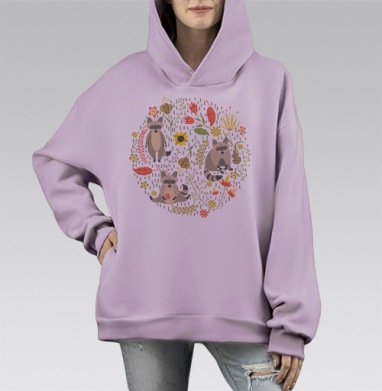 Очаровательные еноты среди цветочных узоров, Hoodie Mono Fiolet, оверсайз, утепленная