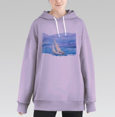 Парусная яхта на спокойном море – акварельная живопись, Hoodie Long Oversize Fiolet