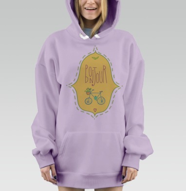 Принт «Bonjour» с велосипедом и цветами, Hoodie Mjhigh Dig Mel, Fiolet, утепленная