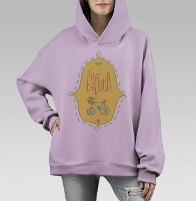 Принт «Bonjour» с велосипедом и цветами, Hoodie Mono Fiolet, оверсайз, утепленная