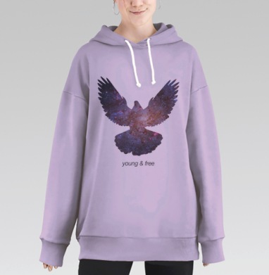 Птица с галактикой «Young & Free» — символ свободы, Hoodie Long Oversize Fiolet