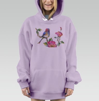 Птичка на ветке с розовыми цветами, Hoodie Mjhigh Dig Mel, Fiolet, утепленная