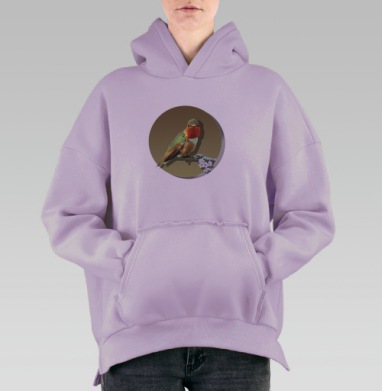 Птичка на ветре с цветком, Hoodie Oversize Fiolet, утепленная