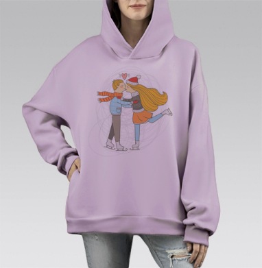 Романтичная пара на катке — открытка любви, Hoodie Mono Fiolet, оверсайз, утепленная