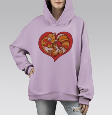 Рыжая кошка в красном сердце – уют и тепло, Hoodie Mono Fiolet, оверсайз, утепленная