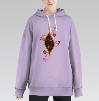 Русская хохлома с красными и золотыми цветами, Hoodie Long Oversize Fiolet