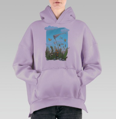 Сачок и бабочки в нежной акварели, Hoodie Oversize Fiolet, утепленная