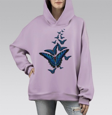 Синие бабочки, Hoodie Mono Fiolet, оверсайз, утепленная