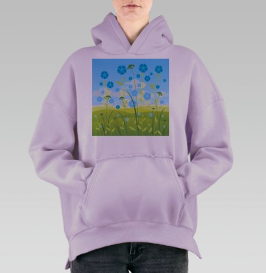 Спокойное цветение синих цветов на зеленых холмах, Hoodie Oversize Fiolet, утепленная