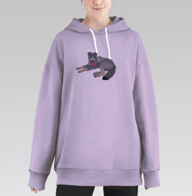 Спокойный пёс в серых тонах с игривым языком, Hoodie Long Oversize Fiolet
