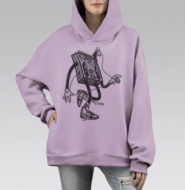 Стильная графика с рэп-магнитофоном и микрофоном, Hoodie Mono Fiolet, оверсайз, утепленная