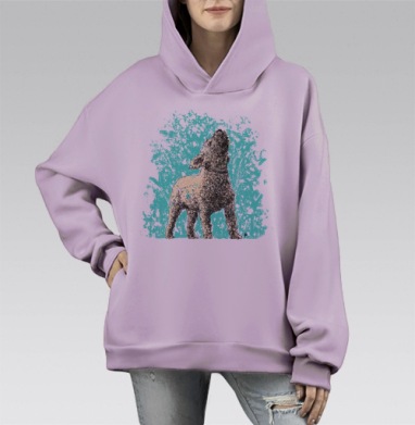 Стильное изображение воющей собаки в бирюзовом фоне, Hoodie Mono Fiolet, оверсайз, утепленная