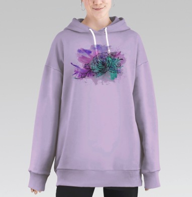 Стильный цветок-роза в акварели и графике, Hoodie Long Oversize Fiolet