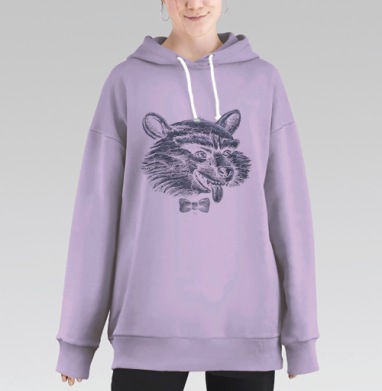 Стильный портрет енота с бабочкой в винтажном стиле, Hoodie Long Oversize Fiolet