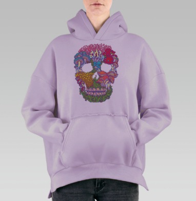 Стилизованный череп из ярких грибов и флоры, Hoodie Oversize Fiolet, утепленная