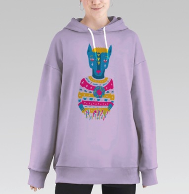 Свитер с волком в стиле нео-фолк и поп-арт, Hoodie Long Oversize Fiolet