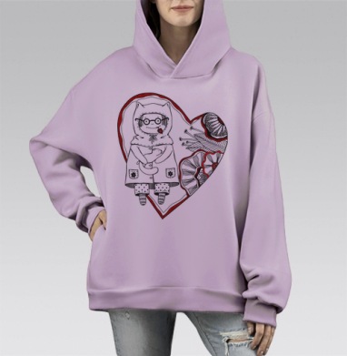 Тепло детской нежности с котёнком в сердце, Hoodie Mono Fiolet, оверсайз, утепленная