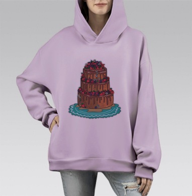 Трёхъярусный шоколадный торт с ягодами и цветами, Hoodie Mono Fiolet, оверсайз, утепленная