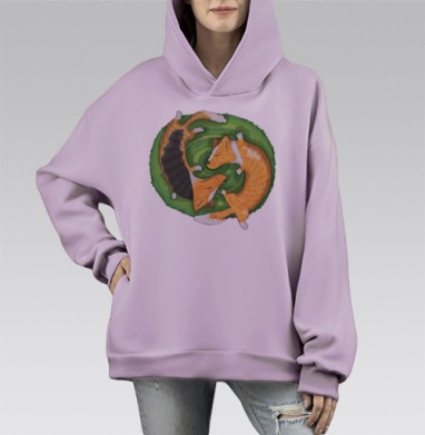 Уютные лисы в стиле инь-янь – картинка спокойствия, Hoodie Mono Fiolet, оверсайз, утепленная