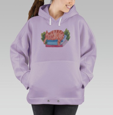 Уютный акварельный кот на книгах, Hoodie Oversize Fiolet