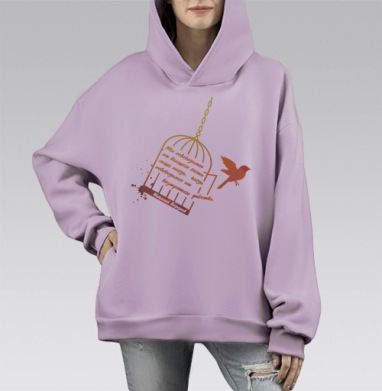Вдохновение свободы: Картина с птицей и цитатой Бердяева, Hoodie Mono Fiolet, оверсайз, утепленная