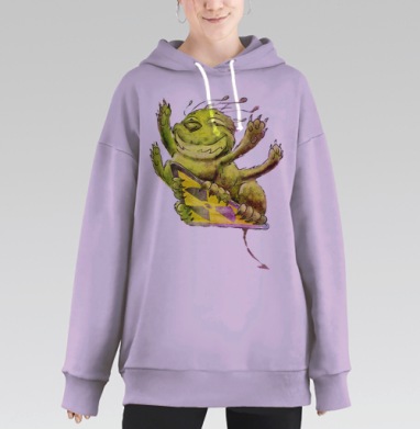 Веселый зеленый монстрик в динамике, Hoodie Long Oversize Fiolet