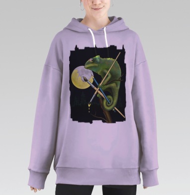 Хамелеон-художник с кистью и карандашом на ветке, Hoodie Long Oversize Fiolet
