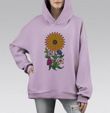 Яркая цветочная композиция в народном стиле, Hoodie Mono Fiolet, оверсайз, утепленная